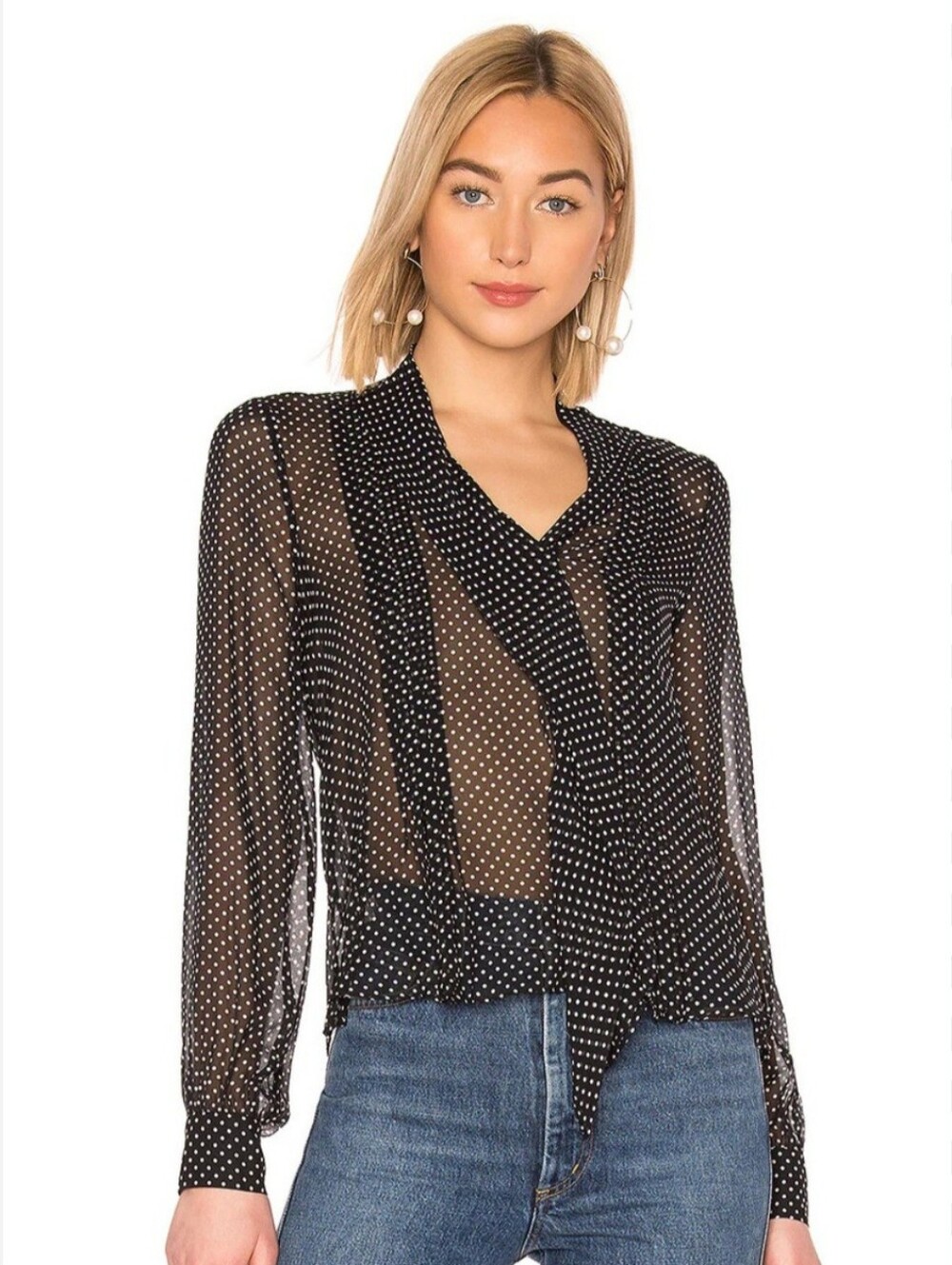 JOIE Dowa Faux Wrap 100% Silk Blouse Size Small Black Polka Dot Ruffled Flowy